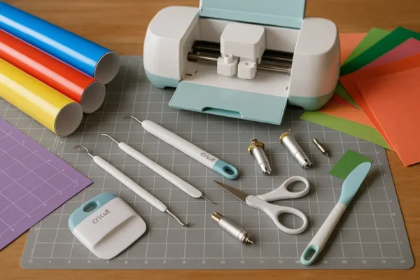 A photo of Cricut materials and tools on a workbench, symbolizing crafting efficiency.