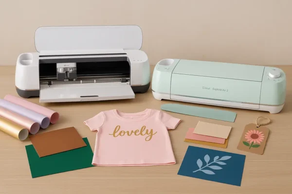 Cricut machines surrounded by examples of craft projects and materials.